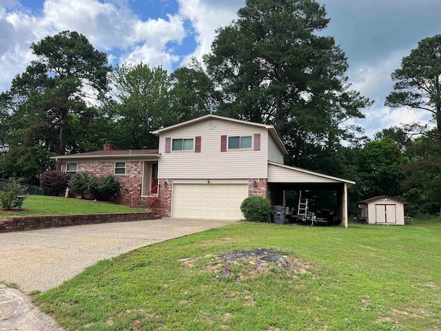 tri-level home with a front lawn, a carport, a garage, and a storage unit