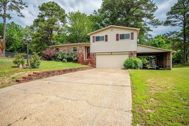 split level home with a front yard and a carport