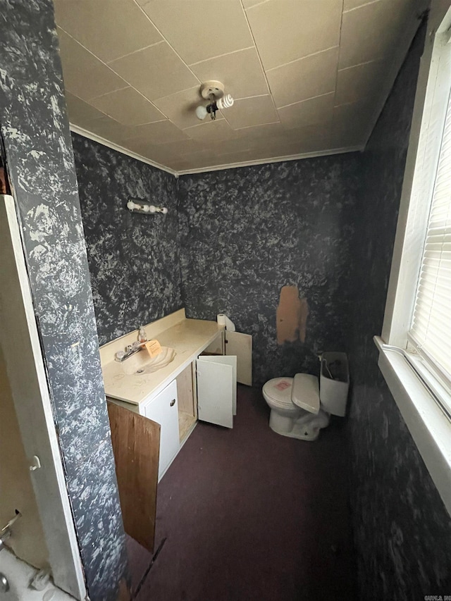 bathroom with ornamental molding, vanity, and toilet