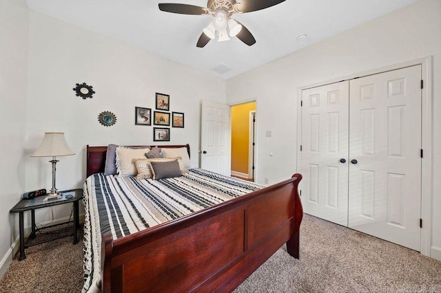 bedroom featuring carpet, ceiling fan, and a closet