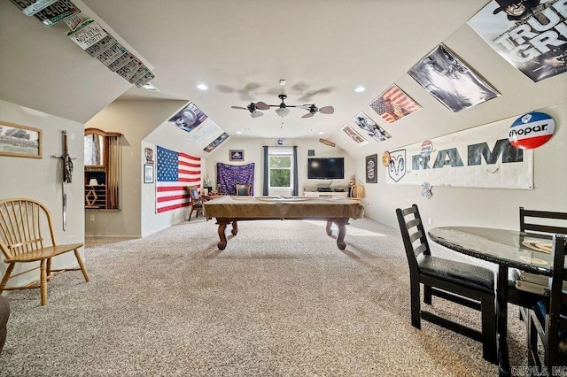 playroom with lofted ceiling, ceiling fan, carpet, and billiards