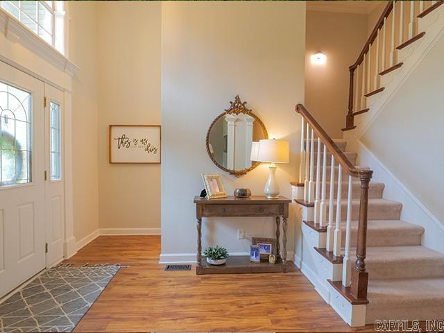 entryway featuring wood-type flooring, plenty of natural light, and a towering ceiling