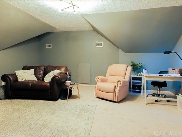 interior space featuring carpet, a textured ceiling, and lofted ceiling