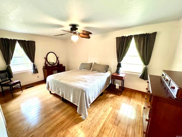 bedroom with ceiling fan and light wood-type flooring