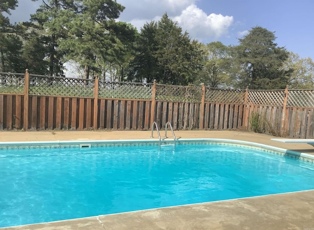 view of swimming pool with a diving board