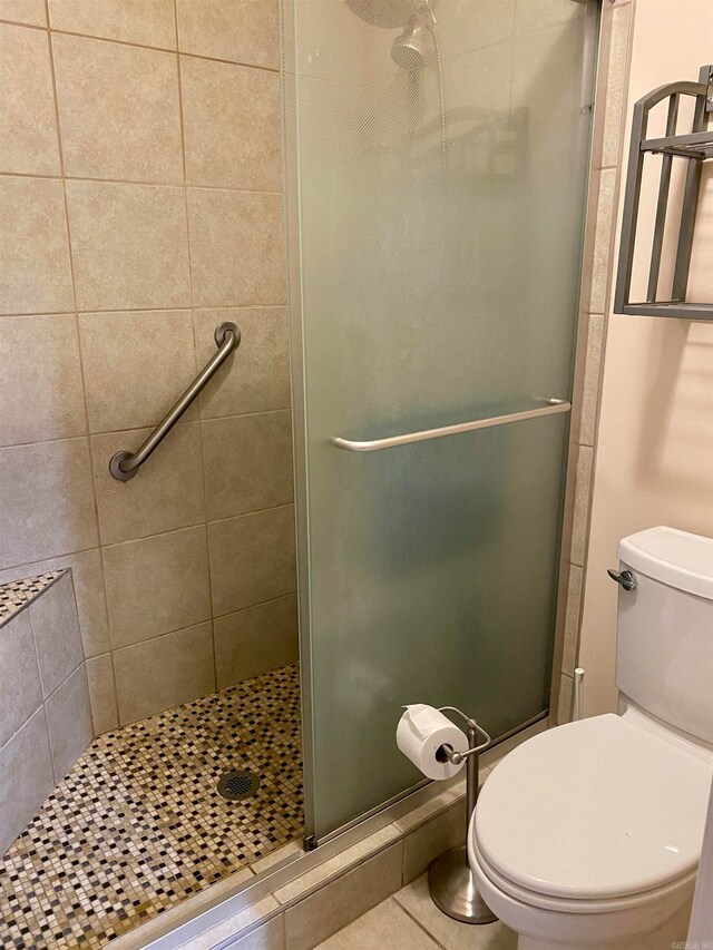 bathroom with walk in shower, toilet, and tile floors