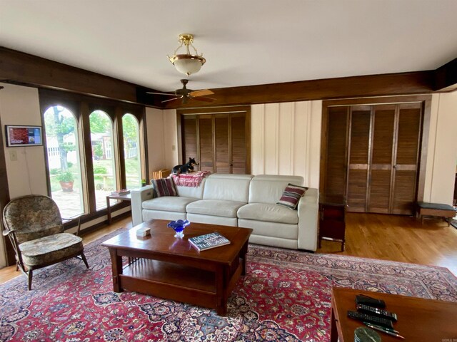 living room with ceiling fan and wood-type flooring