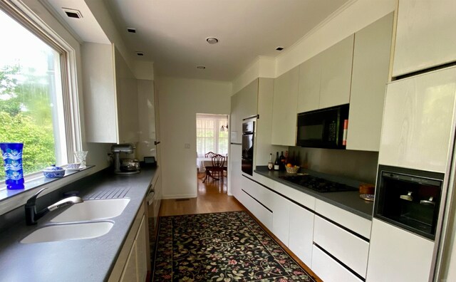 kitchen featuring black appliances, sink, crown molding, and hardwood / wood-style floors