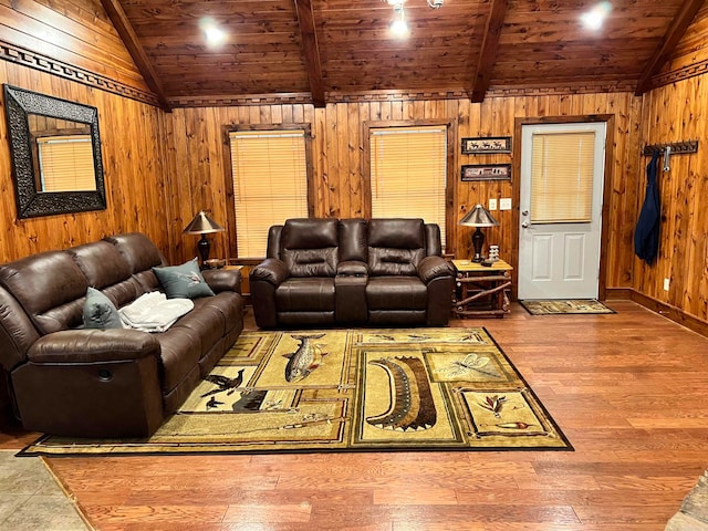 living room with wooden ceiling, lofted ceiling, hardwood / wood-style flooring, and wood walls