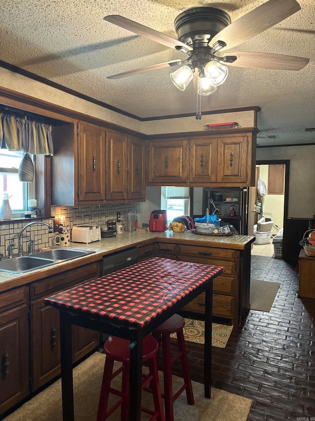 kitchen featuring backsplash, a healthy amount of sunlight, ceiling fan, and sink