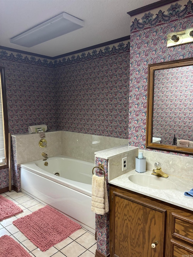 bathroom featuring a bathing tub, tile floors, a textured ceiling, and large vanity