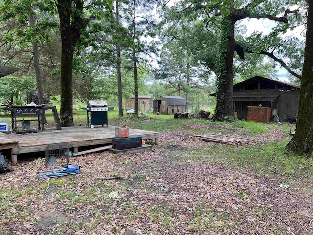 view of yard with a deck and a storage unit