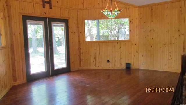 empty room with plenty of natural light, dark wood-type flooring, and wooden walls