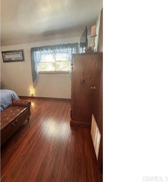 bedroom with dark hardwood / wood-style floors