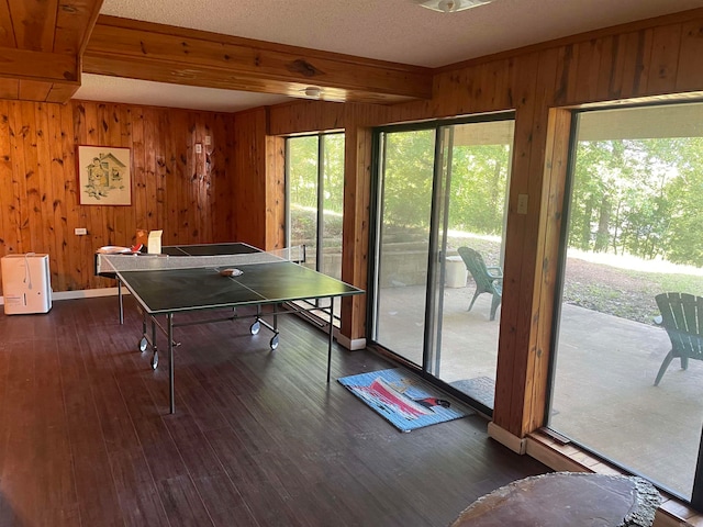 game room featuring plenty of natural light, wood walls, and dark wood-type flooring