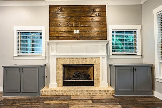 interior space with dark wood-type flooring and a fireplace