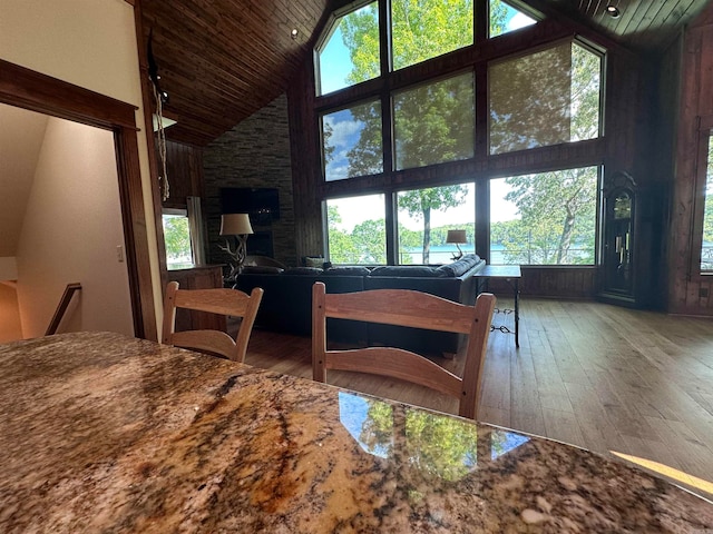 dining room with a healthy amount of sunlight, high vaulted ceiling, and hardwood / wood-style floors