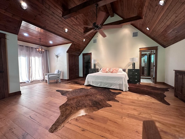 bedroom featuring high vaulted ceiling, ceiling fan with notable chandelier, hardwood / wood-style floors, beam ceiling, and wooden ceiling