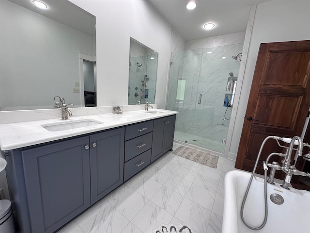 bathroom with shower with separate bathtub, double vanity, and tile floors
