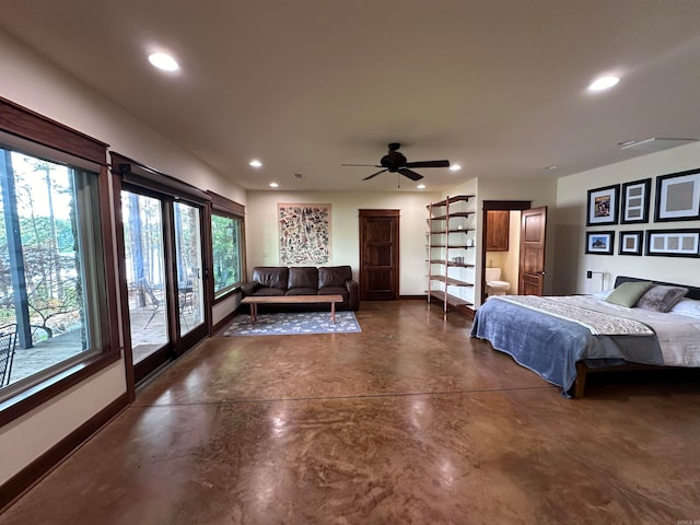 bedroom featuring ceiling fan, access to exterior, and multiple windows