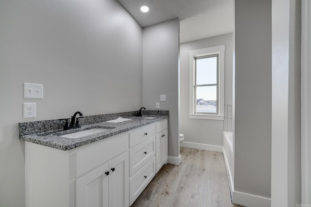 bathroom featuring vanity, hardwood / wood-style floors, a textured ceiling, and toilet