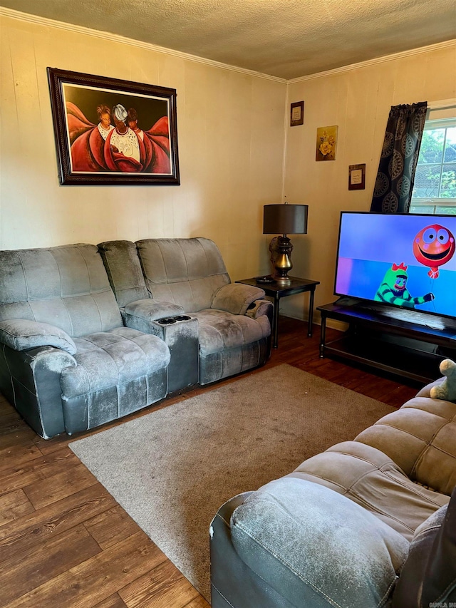 living room with hardwood / wood-style floors, ornamental molding, and a textured ceiling