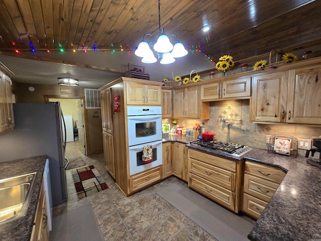 kitchen with tile flooring, tasteful backsplash, white double oven, decorative light fixtures, and wooden ceiling