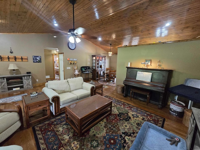 living room with wooden ceiling, hardwood / wood-style flooring, lofted ceiling, and ceiling fan