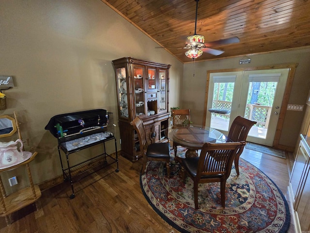 dining space featuring wood ceiling, lofted ceiling, wood-type flooring, and ceiling fan