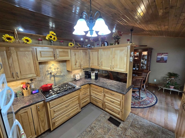 kitchen with decorative light fixtures, a chandelier, backsplash, wooden ceiling, and hardwood / wood-style floors