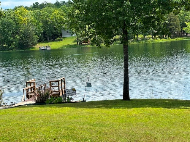 dock area with a water view and a yard