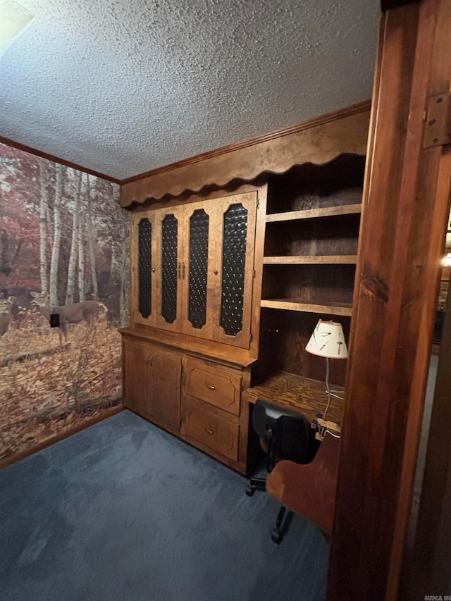 interior space featuring ornamental molding and a textured ceiling