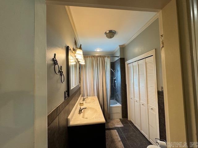 bathroom with crown molding, tile flooring, dual vanity, and shower / tub combo with curtain