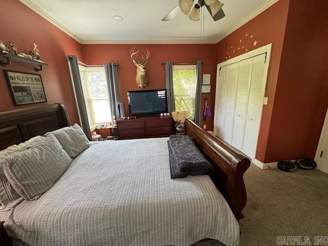 bedroom featuring ceiling fan, multiple windows, carpet floors, and a closet