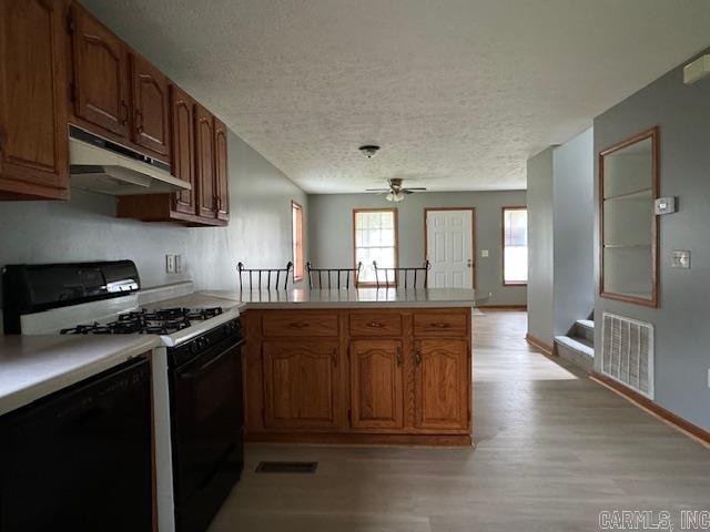 kitchen with light hardwood / wood-style floors, kitchen peninsula, white gas range oven, ceiling fan, and black dishwasher