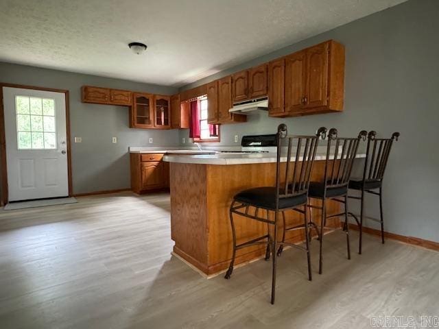 kitchen featuring light hardwood / wood-style floors, kitchen peninsula, a kitchen bar, and stove