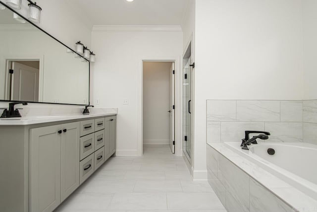 bathroom with tile flooring, independent shower and bath, double sink vanity, and ornamental molding