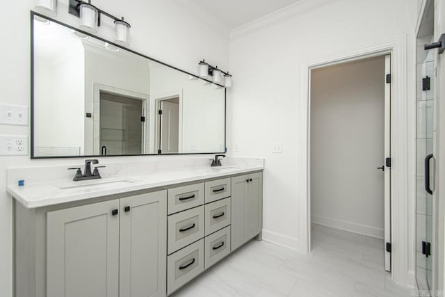 bathroom featuring ornamental molding, double sink, a shower with shower door, tile floors, and oversized vanity