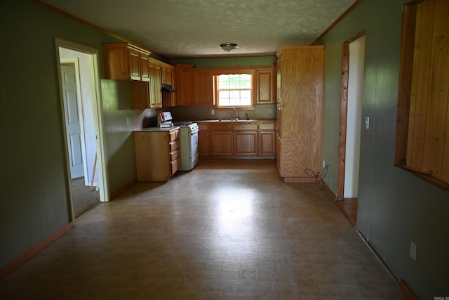 kitchen with tile flooring, gas range gas stove, tasteful backsplash, and sink