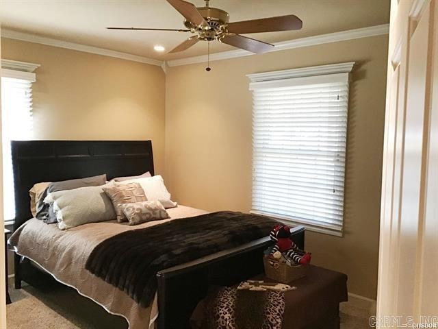 carpeted bedroom featuring multiple windows, ceiling fan, and crown molding