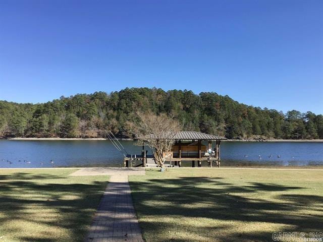 view of dock featuring a lawn and a water view