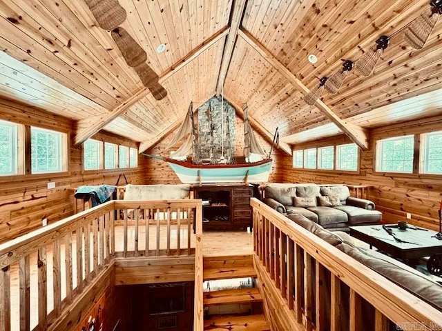 view of sauna featuring wooden ceiling, hardwood / wood-style flooring, and wooden walls