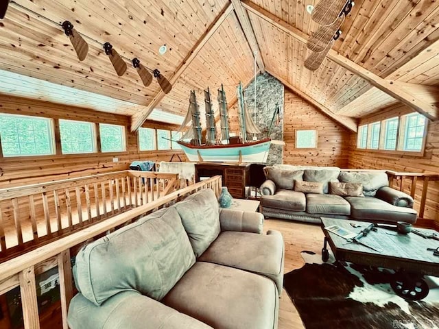 interior space with wooden walls, a healthy amount of sunlight, hardwood / wood-style floors, and wooden ceiling