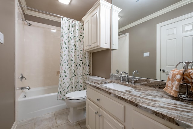 full bathroom featuring tile flooring, crown molding, toilet, shower / bath combo with shower curtain, and large vanity