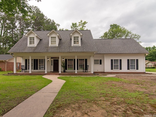 new england style home featuring covered porch and a front yard