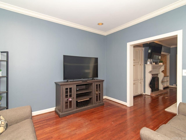 living room with a fireplace, dark hardwood / wood-style flooring, and ornamental molding