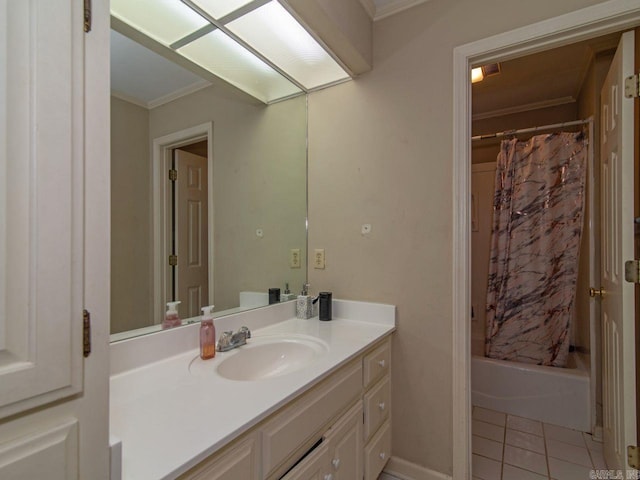 bathroom with tile patterned floors, vanity, shower / bath combo, and ornamental molding