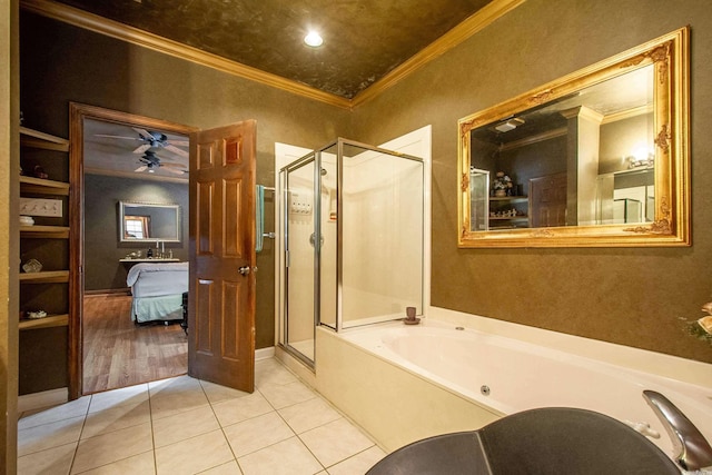 bathroom with tile patterned floors, crown molding, ceiling fan, and independent shower and bath