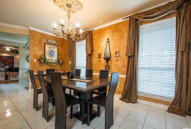 dining room with light tile patterned flooring, a chandelier, and ornamental molding