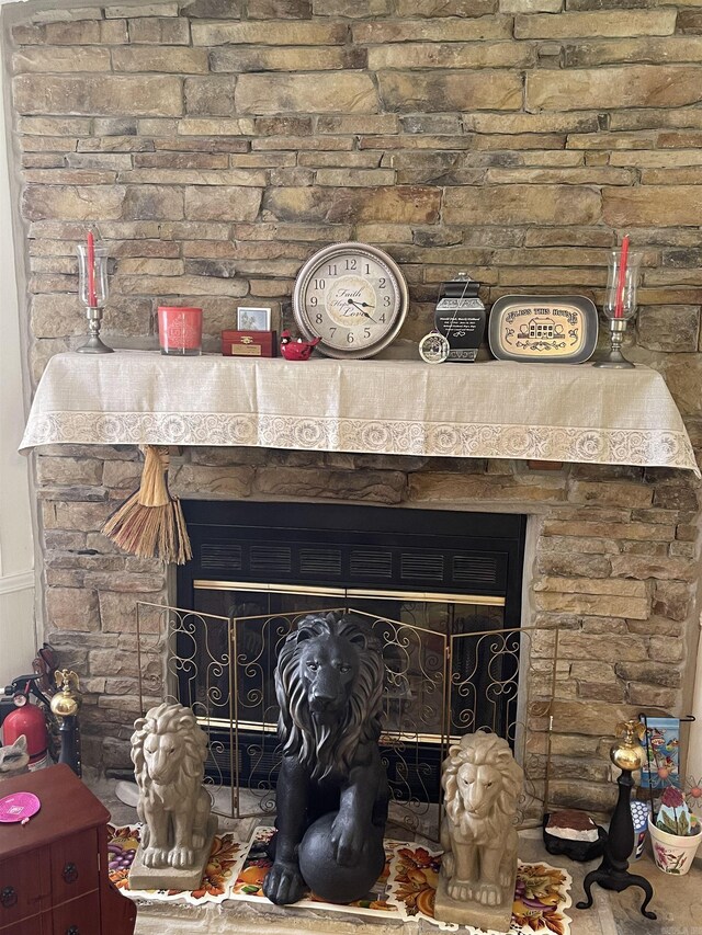 room details with a stone fireplace